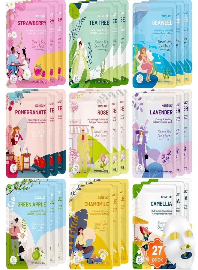 KONEUK مجموعة أقنعة الوجه الورقية بالكولاجين (٢٧ قناعًا) للعناية بالبشرة للنساء، مجموعة أقنعة مرطبة للبشرة الجافة، أقنعة مرطبة للوجه للعناية بالبشرة، هدايا عيد الحب لها، هدايا عيد الأم، هدايا للمعلمات - Image 1